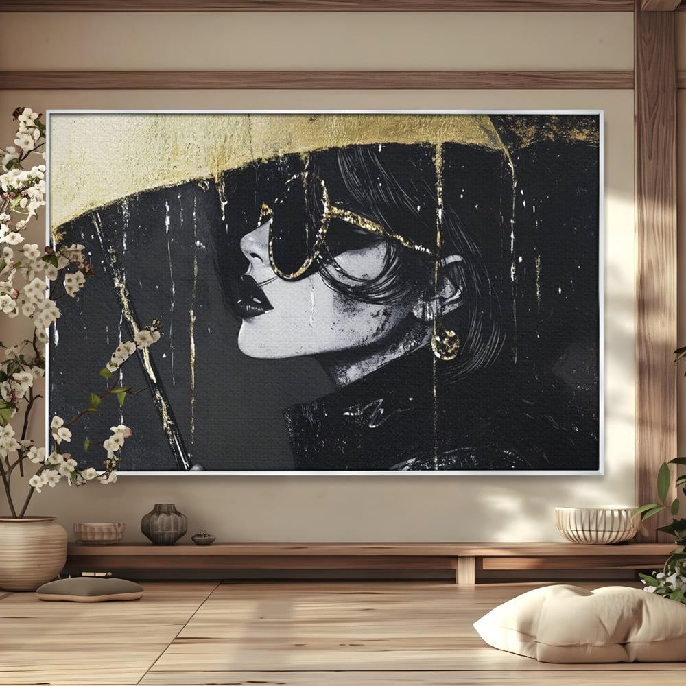 Tablou canvas cu tablou canvas cu femeie in ploaie stilizata, in rama de aluminiu argintiu
